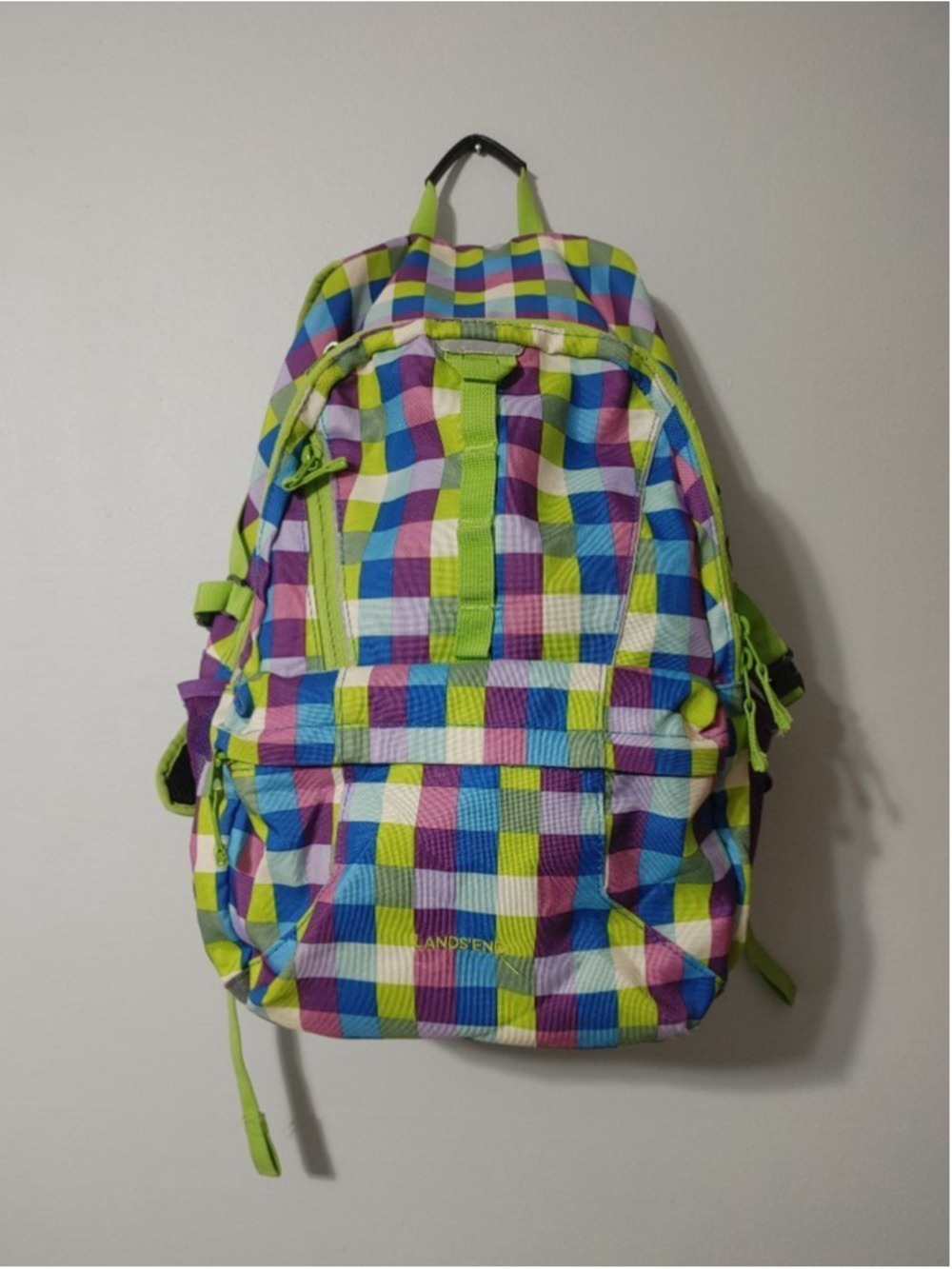 Girls Lands' End Plaid Backpack One Size Multi-color Green/Purple/Blue